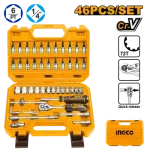 INGCO HKTS14462 46 Pcs 1/4" Socket Set - Includes 72T Quick Release Ratchet, Universal Joint, Extension Bars, Bit Sockets & More - Durable Cr-V Steel with Comfortable Soft Handle