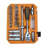 INGCO HKTS12201 20 Pcs 1/2" Socket Set - Includes 1/2" Ratchet, 12 Sockets (10-24mm), Spark Plug Socket, Universal Joint, Extension Bar & Deep Sockets - Durable Cr-V Steel with Soft Grip Handle