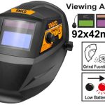 "INGCO AHM008 Auto-Darkening Welding Helmet - 92x42mm Viewing Area, Variable Shade 9-13, Solar-Powered, Lightweight with Grinding Function & Low Amperage TIG Capabilities!"