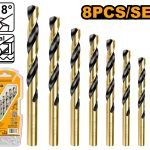 "INGCO AKDB0801 8PCS HSS Twist Drill Bits Set ? Durable & Long Lasting! Includes Sizes: 2x49, 3x61, 4x75, 5x86, 6x93, 8x117. Conveniently packed in a double blister for easy storage!"