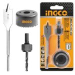 INGCO AKHS302 3Pcs Lock Installation Hole Saw Set - Durable 54mm Carbon Steel Hole Saw, 3/8" Arbor & 7/8" Flat Wood Drill Bit - Long-Lasting & Conveniently Packed on Sliding Card