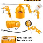 INGCO AKT0053-3 5 Pcs Air Tools Set - Durable & Versatile with Nitto Connector, 4m Recoil Hose, Air Blow Gun, Spray Gun (600cc), Washing Gun (750cc), Tire Inflating Gun (12Bar)