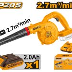 INGCO CABLI200281 Cordless Blower - 20V Power, 18000rpm Speed, 2.7m?/min Air Volume, Includes 2.0Ah Battery & Charger, Long-lasting Performance for Effortless Yard Cleanup!