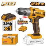 INGCO CDLI200518 20V Cordless Drill - 45Nm Torque, 2-Speed Gear, LED Light, 2.0Ah Battery & Charger Included - Durable & Long-Lasting for All Your DIY Projects!