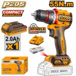 INGCO  CDLI205582 20V Brushless Cordless Drill - Compact Powerhouse with 55Nm Torque, 2-Speed Gear, 22+1 Settings, LED Light & 47 Accessories - Durable & Long-Lasting Performance!