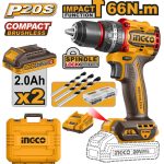 INGCO CIDLI20668 20V Brushless Cordless Impact Drill ? 66Nm Torque, 2-Speed Gear, LED Light, 2 Batteries & 47 Accessories ? Durable & Long-Lasting for All Your DIY Projects!"