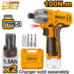 INGCO CIRLI12015 Cordless Impact Driver - 12V, 0-2000rpm, 100Nm Torque, LED Light, USB-C Charging, 2x 1.5Ah Batteries & Accessories - Durable & Long-lasting Power Tool for All Your DIY Needs!