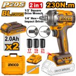 INGCO CIWLI20236 20V Cordless Impact Driver & Wrench | Brushless Motor, 230Nm Torque, 0-2900bpm, LED Light, 3 Sockets & 2 Batteries | Durable Power Tool for Tough Jobs