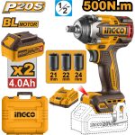 INGCO CIWLI2050 Cordless Impact Wrench - 20V Brushless Motor, 1/2" Drive, 500Nm Torque, 2x 4.0Ah Batteries, LED Light, Includes 3 Sockets ? Durable & Long-Lasting Power Tool!