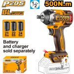 INGCO CIWLI20501 Cordless Impact Wrench - 20V Brushless Motor, 1/2" Square Drive, 500Nm Torque, 0-2200 RPM, 2400 BPM, Durable with LED Light, Includes Belt Clip & 3 Sockets (21,22,24mm) - Battery & Charger Not Included!