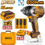INGCO CIWLI2085 20V Cordless Impact Wrench - Brushless Motor, 1/2" Drive, 850Nm Torque, 0-2400rpm, LED Light, 3 Deep Sockets, 2x 4.0Ah Batteries & Charger - Durable & Long-Lasting Power Tool!