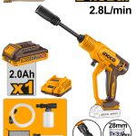 INGCO CPWLI20362 Cordless Pressure Washer - 20V, 24.8Bar, 2.8L/min Flow Rate, Auto Stop, Includes Spray Gun, Water Hose, Foam Producer, Self-Suction Connector, Battery & Charger - Long-Lasting Power!