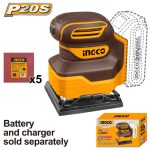 INGCO CSHSLI2014 Cordless Sheet Sander - Durable 20V Power, 12,000 RPM Speed, 110mm x 100mm Base, Includes 5 Sand Papers for Long-Lasting Performance! Perfect for Smooth Finishes!