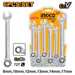 "INGCO HKSPAR1062 6 Pcs Ratchet Spanner Set - High-Quality CrMo, Sizes 8-17mm (8mm, 10mm, 12mm, 13mm, 14mm, 17mm) | Fine Polished, Durable CR-V | Packed in Half Double Blister for Lasting Performance"