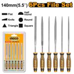 INGCO HKTF63 6-Piece File Set - Durable 140mm Files (Flat, Round, Half Round, Square, Triangle, Knife) with Comfortable Two-Color Handles - Perfect for Precision Crafting & DIY Projects