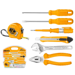 INGCO HKTH10807 7 Pcs Hand Tools Set - Durable & Versatile! Includes 7" Combination Pliers, 6" Adjustable Wrench, Test Pencil (100-500VAC), Snap-off Knife, 2 Screwdrivers & 3M Measuring Tape - Perfect for Every DIYer!