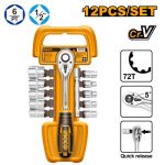 "INGCO HKTS12122 12-Pc 1/2" Socket Set - Durable CrV Steel, 72T Quick Release Ratchet, 10 Essential Sockets (10-24mm) + 5" Extension Bar - Long-lasting with Comfortable Soft Grip Handle!"