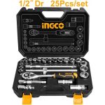 INGCO HKTS12251 5Pcs 1/2" Socket Set - 1/2" Ratchet Wrench, 18 Sockets (10-32mm), Universal Joint, Extension Bars, Spark Plug Sockets & Sliding T Bar - Durable Cr-V Steel, Comfortable Grip!