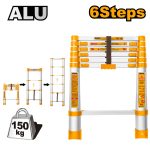 INGCO HLAD08061 Telescopic Ladder - 6 Steps, Durable Aluminium, Ext. Height 1980mm, Max Load 150kg, Easy Carry, Compact Foldable Design