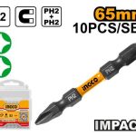 INGCO SDBIM21PH23 Impact Screwdriver Bits - PH2+PH2, 65mm, 10pcs Set, Durable S2 Steel, High Visibility Sleeve, Optimized Shock Zone, Magnetic, Plastic Box - Long-Lasting Performance!