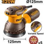 INGCO RS3216 Rotary Sander - Durable 320W Power Tool, 220-240V, 8000-13000rpm, 125mm Velcro Pad, Variable Speed Control & 5 Sandpapers Included - Perfect for Smooth Finishes!