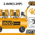 INGCO ACS2241001 100L Air Compressor - 220-240V, 2x1200W, Oil-Free, 75dB Noise, 3.2HP, Max 8 Bar, Durable & Long-Lasting Performance for Home & Workshop Use!